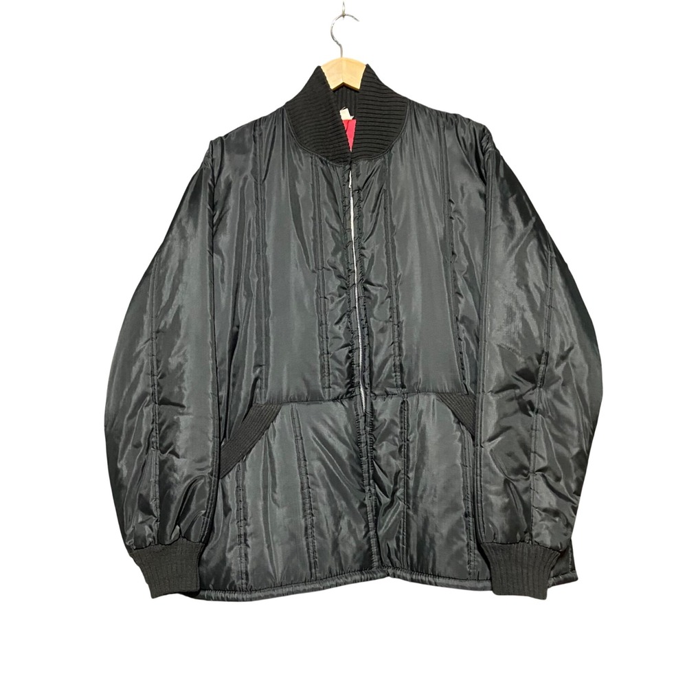 Vintage Black Quilted Bomber Jacket Men XL Red Lining Prentice Zip Puffer Coat
